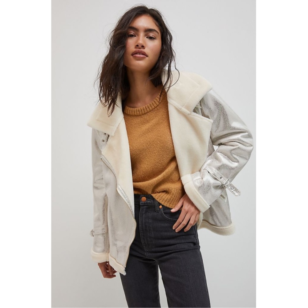 Anthropologie Kamila Sherpa  Metallic Moto Jacket